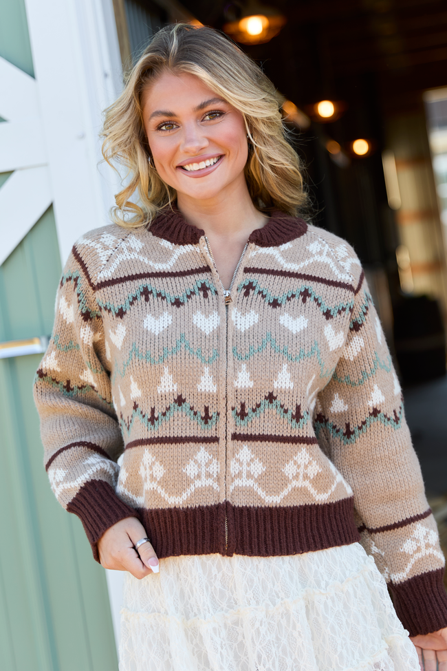 Renesme Brown and Taupe Fair Isle Zip Up Sweater SALE