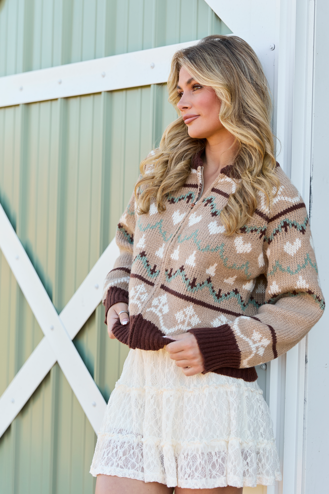 Renesme Brown and Taupe Fair Isle Zip Up Sweater SALE