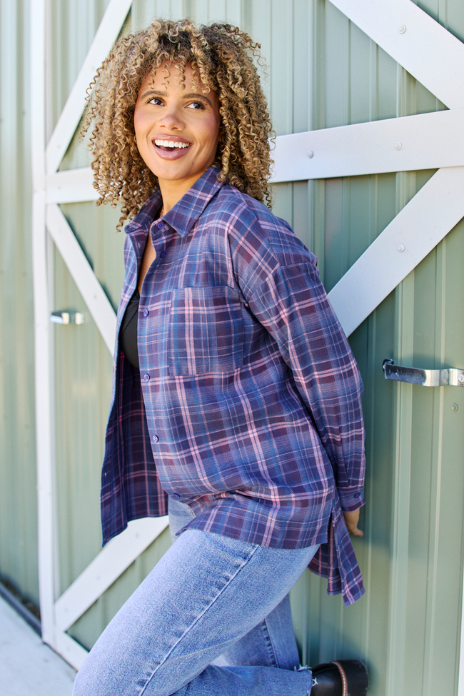 Autumn Navy And Purple Plaid Flannel Top SALE