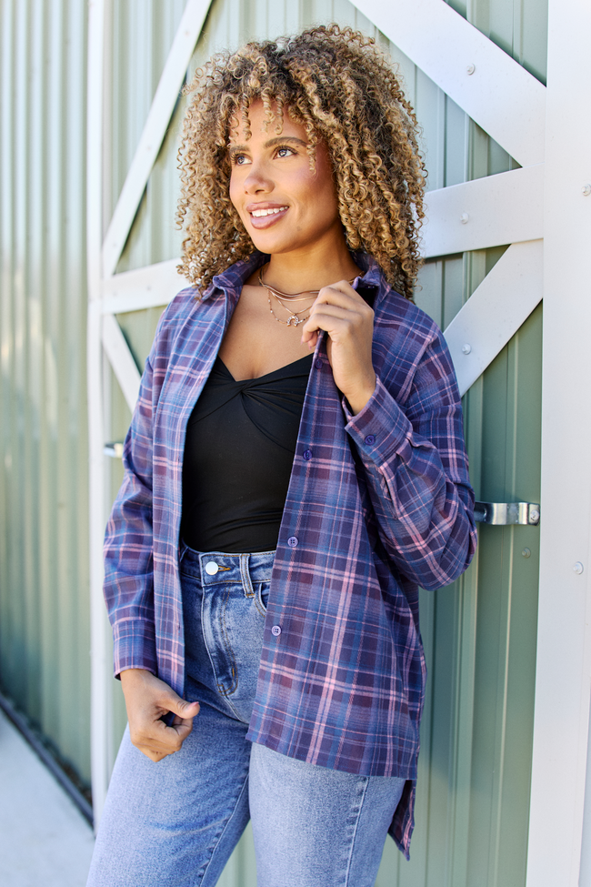 Autumn Navy And Purple Plaid Flannel Top SALE