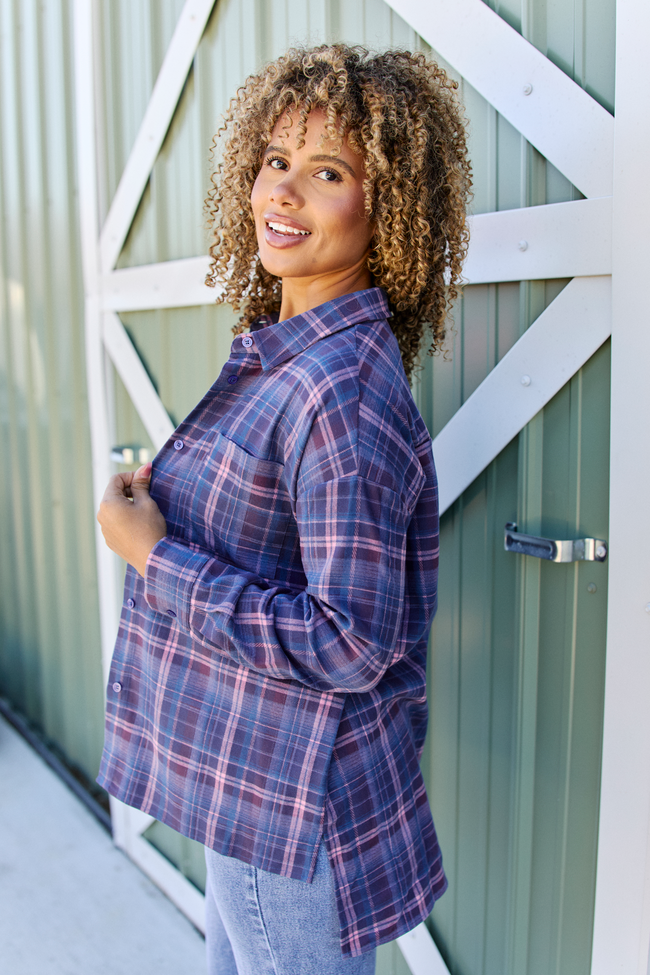 Autumn Navy And Purple Plaid Flannel Top SALE