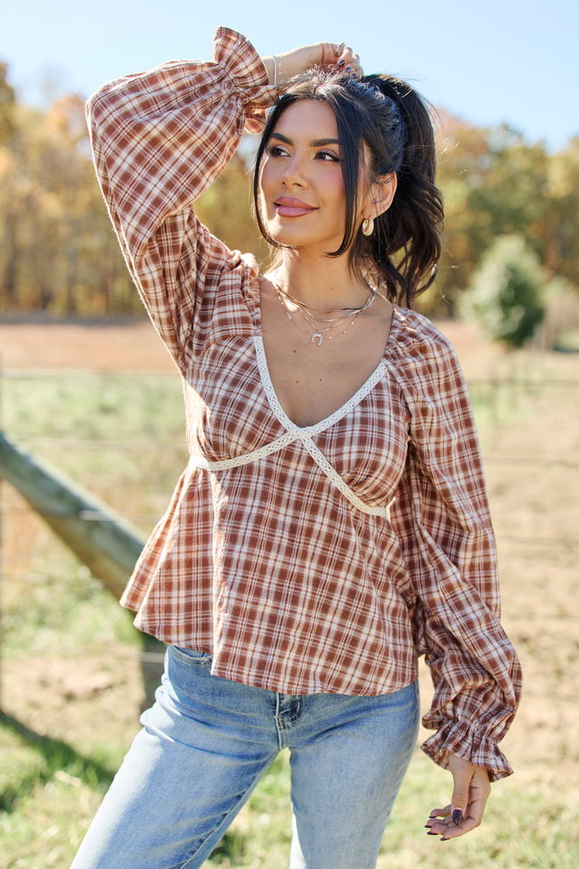 Sable Plaid And Lace Trim Babydoll Top
