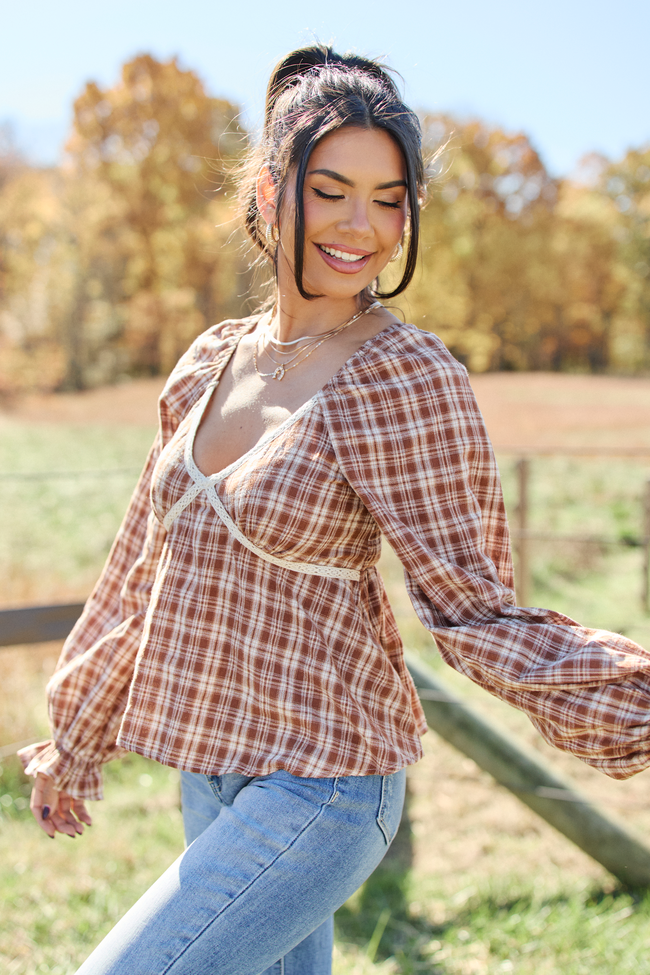Sable Plaid And Lace Trim Babydoll Top
