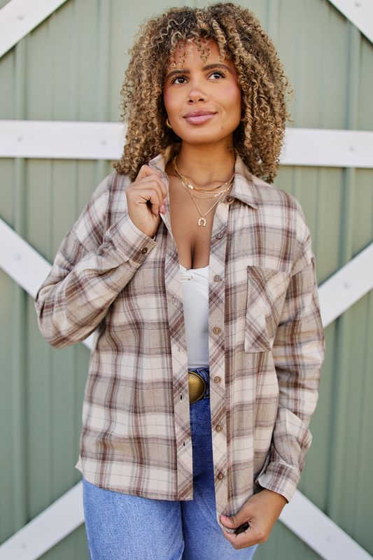 Libby Cream And Beige Plaid Flannel Top SALE