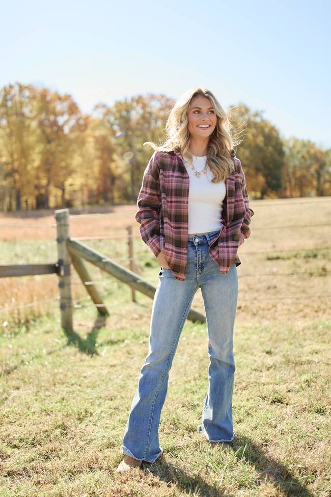 Autumn Pink And Brown Plaid Flannel Top SALE