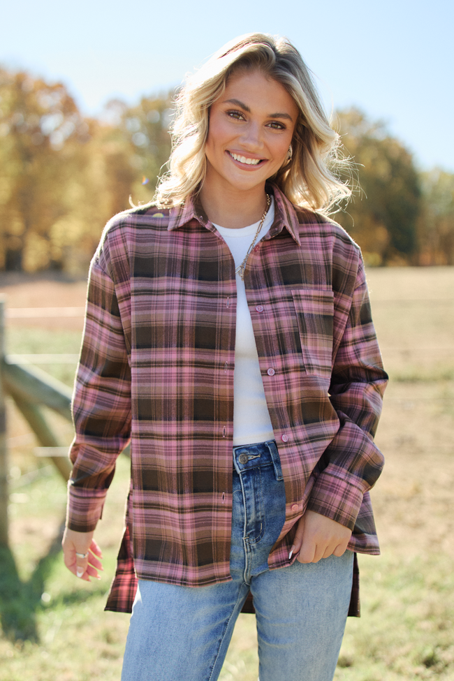 Autumn Pink And Brown Plaid Flannel Top SALE
