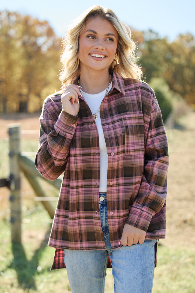 Autumn Pink And Brown Plaid Flannel Top SALE