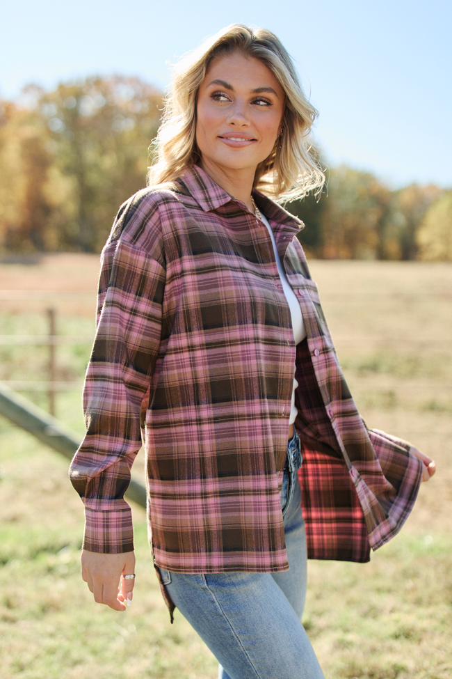 Autumn Pink And Brown Plaid Flannel Top SALE