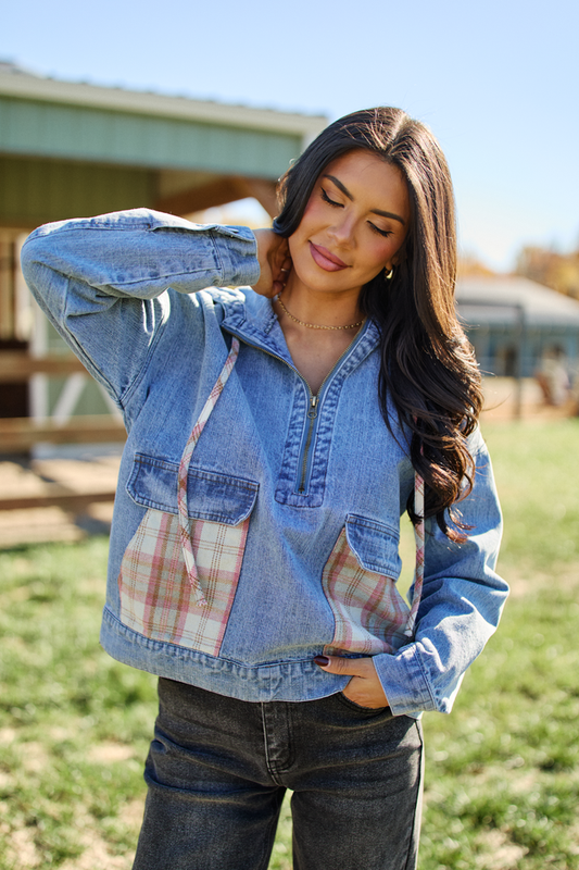 Icelyn Denim Plaid Pocket Pullover