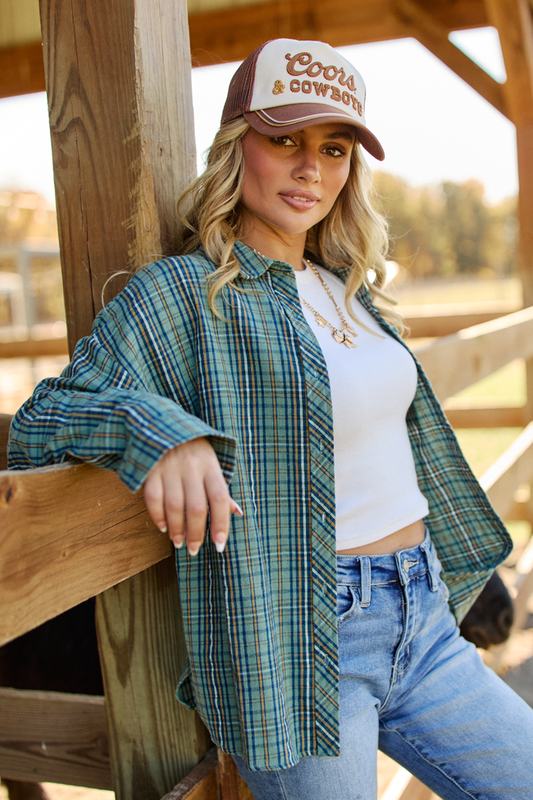 Rory Blue And Green Plaid Flannel Button Down Top SALE