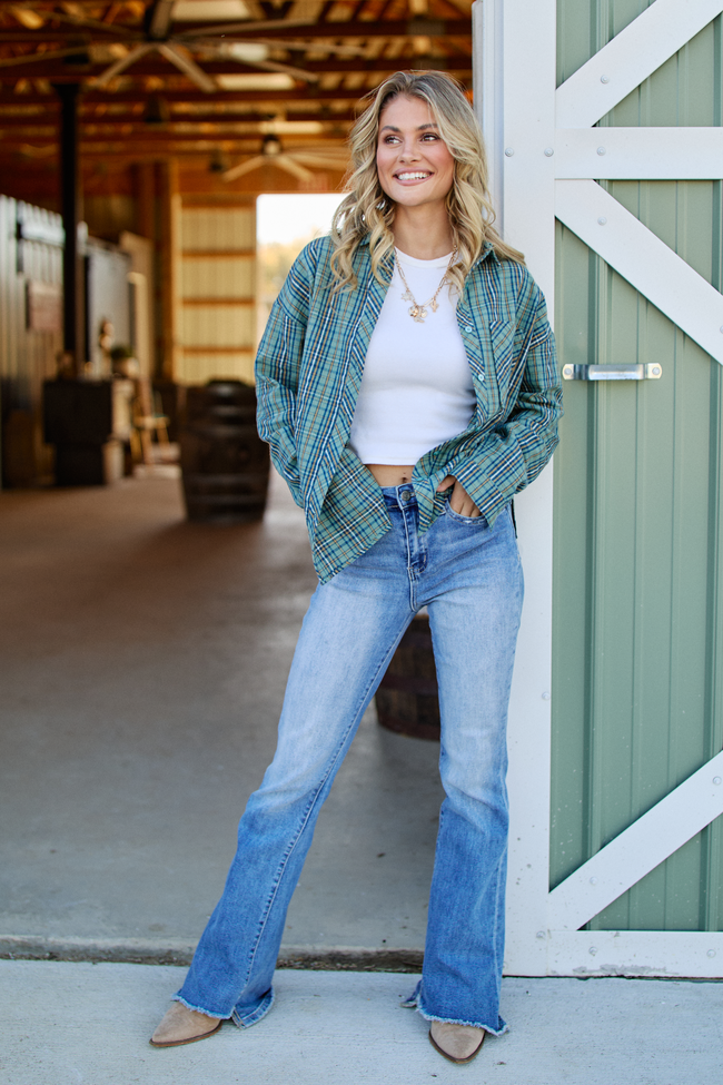 Rory Blue And Green Plaid Flannel Button Down Top SALE