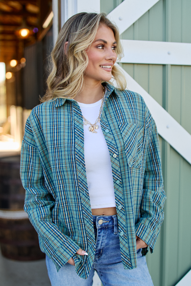 Rory Blue And Green Plaid Flannel Button Down Top SALE
