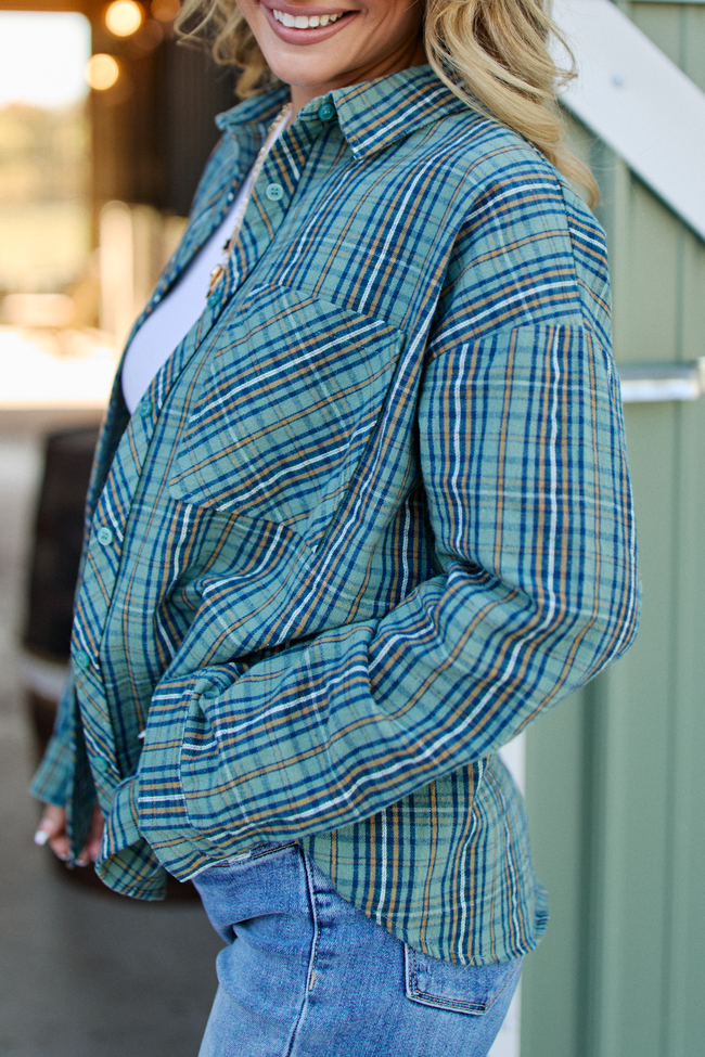 Rory Blue And Green Plaid Flannel Button Down Top SALE