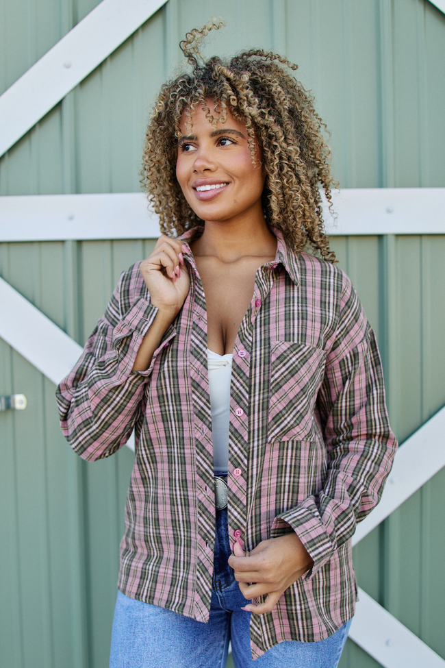 Rory Pink And Green Plaid Flannel Button Down Top SALE