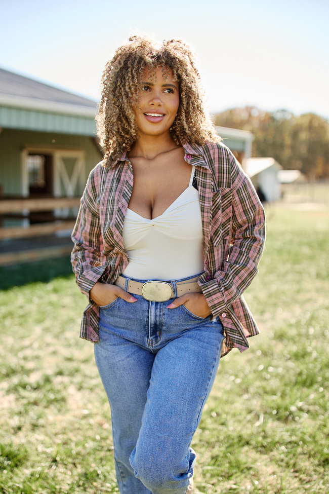 Rory Pink And Green Plaid Flannel Button Down Top SALE