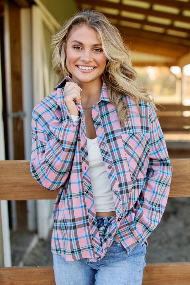 Rory Pink and Blue Plaid Flannel Button Down Top SALE