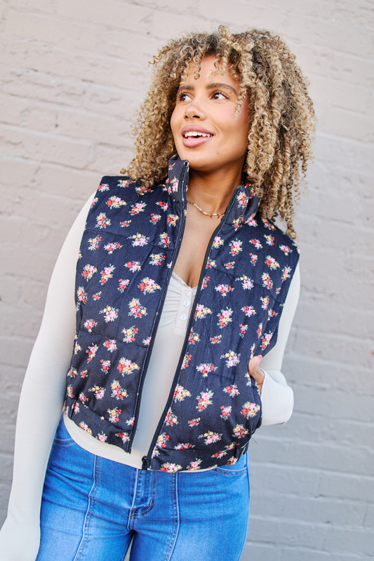 Janice Black Floral Print Puffer Vest SALE