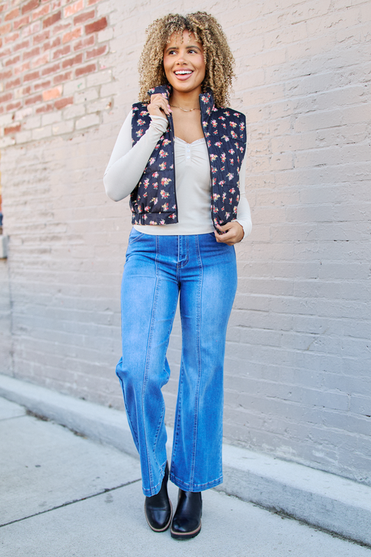 Janice Black Floral Print Puffer Vest SALE