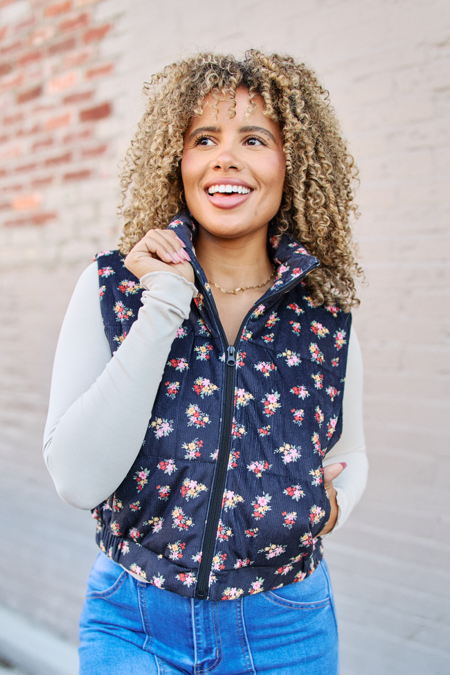 Janice Black Floral Print Puffer Vest SALE