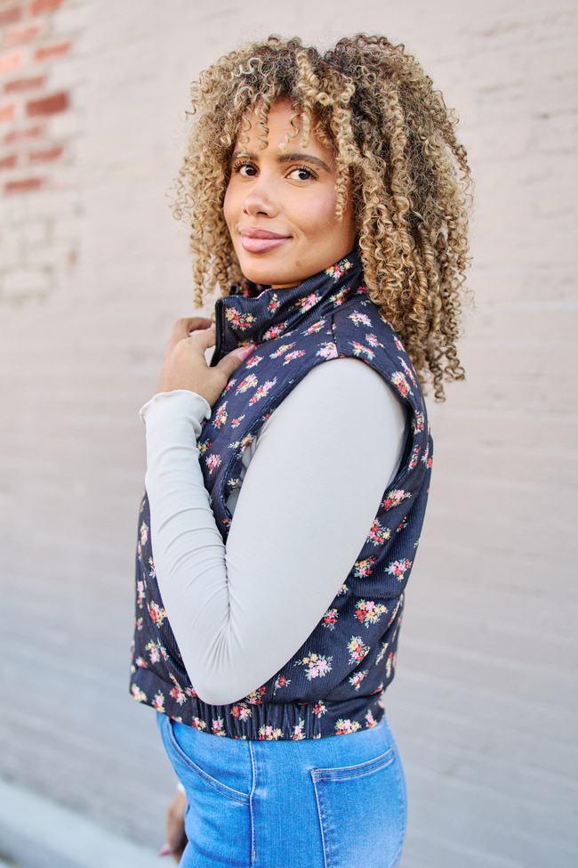 Janice Black Floral Print Puffer Vest SALE