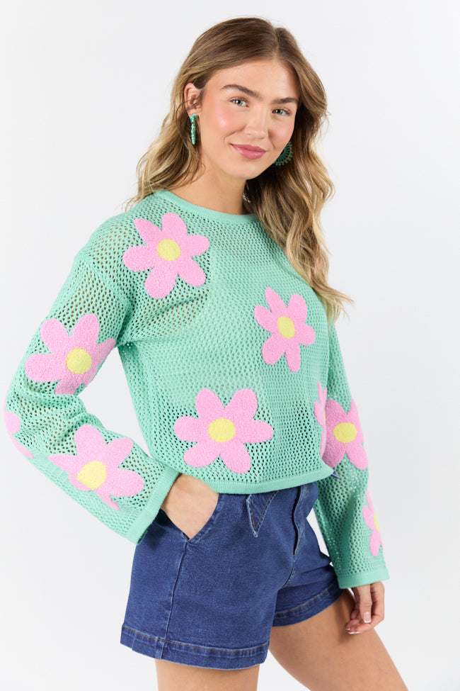 Follow You Around Mint And Pink Flower Embroidered Sweater FINAL SALE