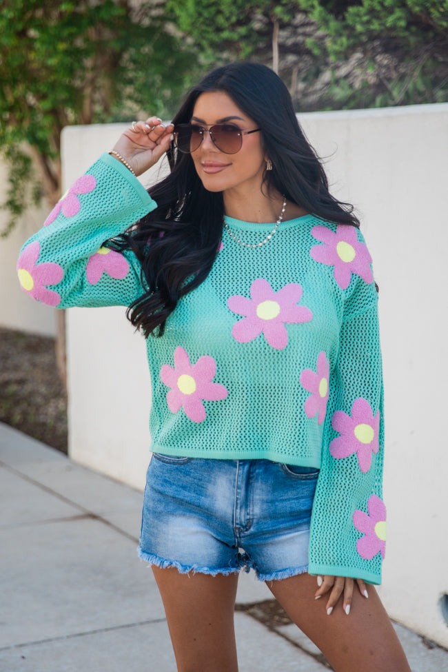 Follow You Around Mint And Pink Flower Embroidered Sweater FINAL SALE