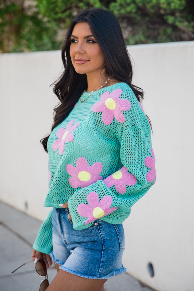 Follow You Around Mint And Pink Flower Embroidered Sweater FINAL SALE