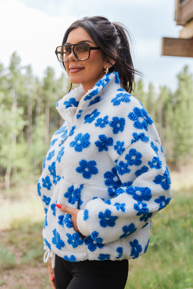 Playing For Keeps Blue and Ivory Floral Print Sherpa Pullover FINAL SALE
