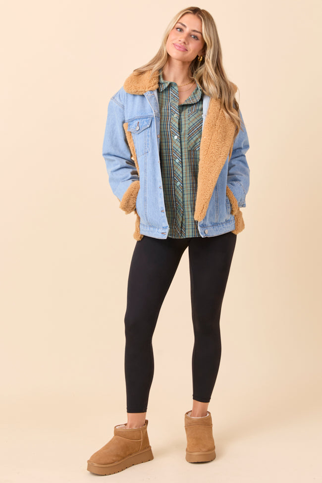 Picking Sides Medium Wash Sherpa Detail Oversized Denim Jacket SALE