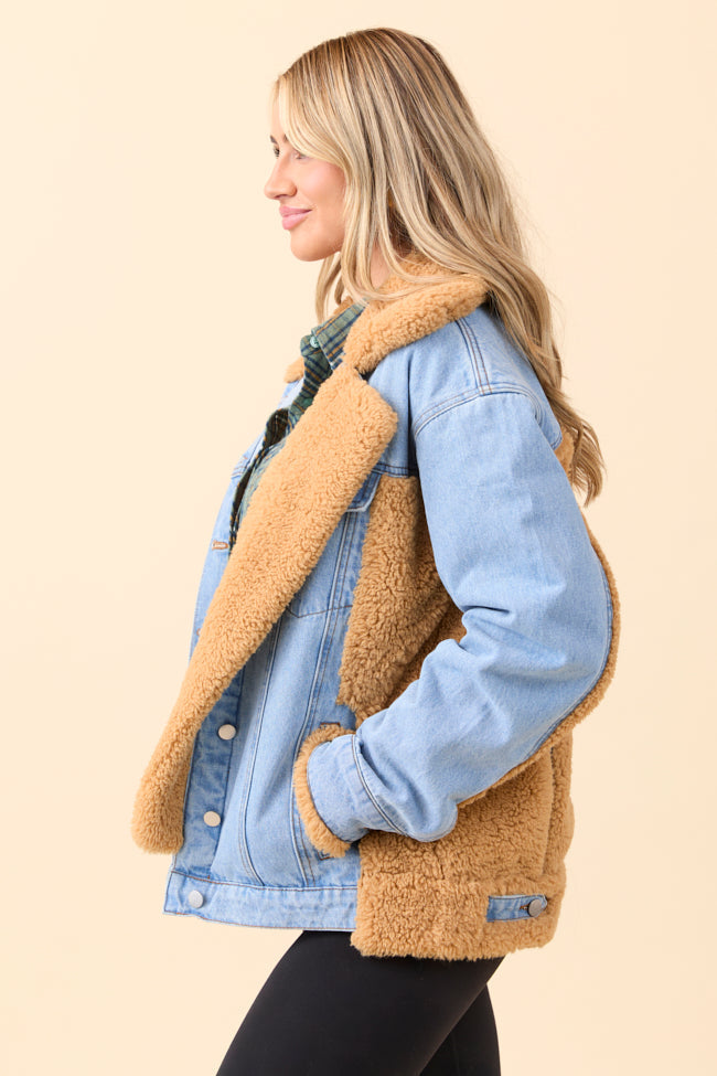 Picking Sides Medium Wash Sherpa Detail Oversized Denim Jacket SALE
