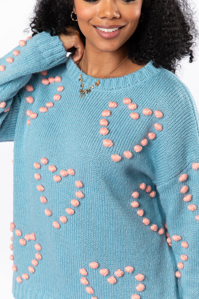 Adore You Blue and Pink Oversized Heart Pom Sweater