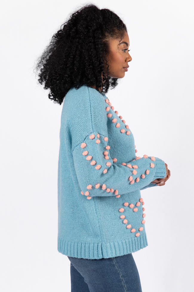 Adore You Blue and Pink Oversized Heart Pom Sweater