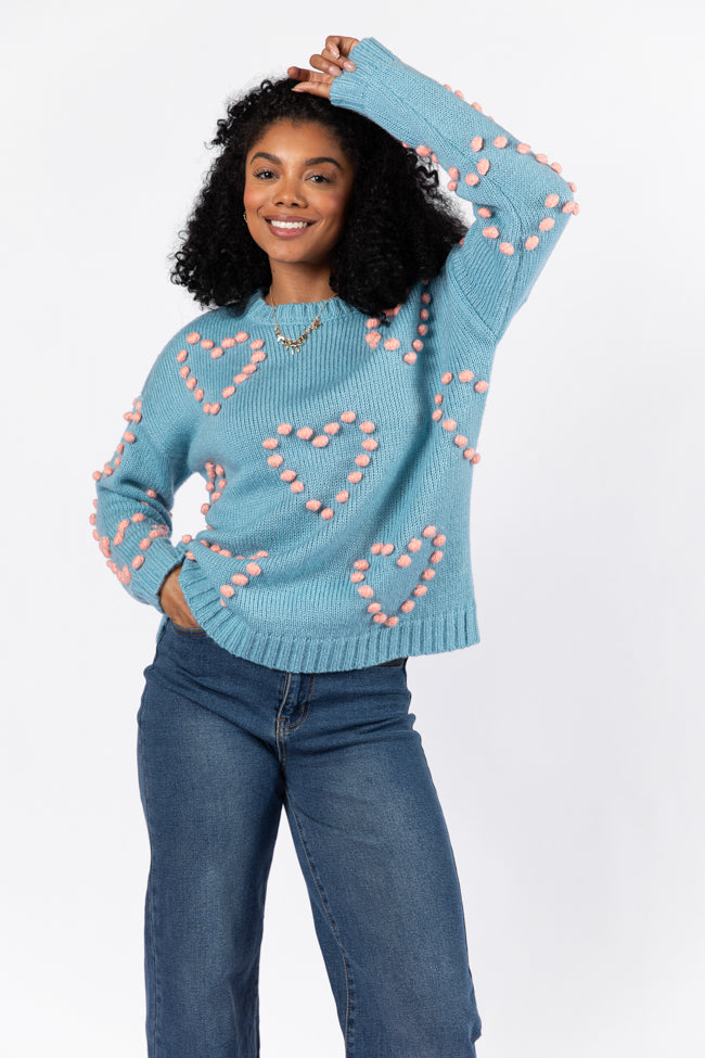 Adore You Blue and Pink Oversized Heart Pom Sweater