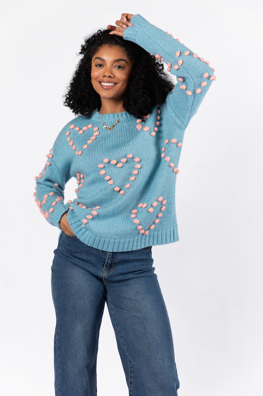 Adore You Blue and Pink Oversized Heart Pom Sweater
