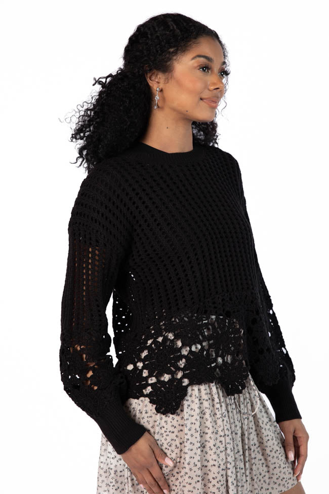 A Little Dramatic Black Flower Trim Crochet Sweater FINAL SALE