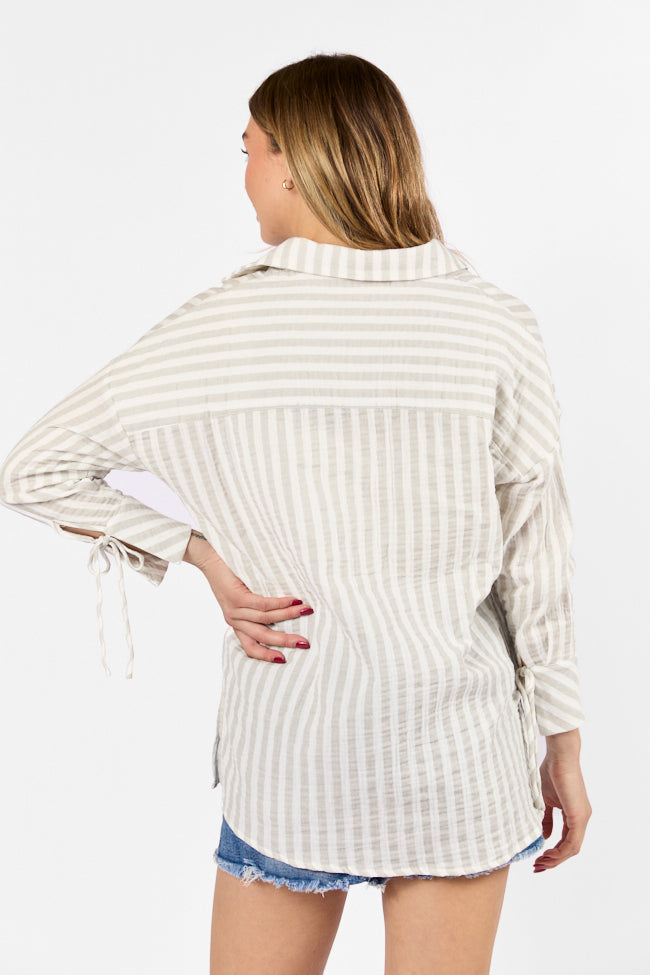 Cruel Summer Tan and Ivory Striped Gauze Button Down Top FINAL SALE