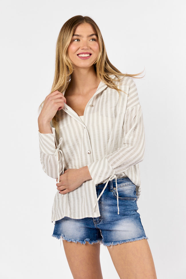 Cruel Summer Tan and Ivory Striped Gauze Button Down Top FINAL SALE