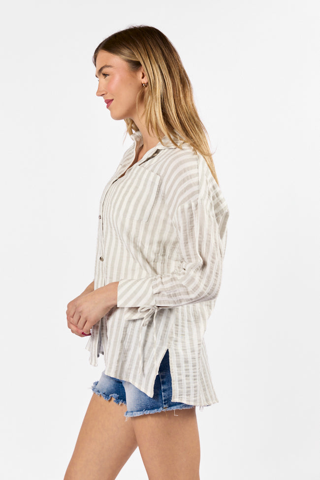 Cruel Summer Tan and Ivory Striped Gauze Button Down Top FINAL SALE