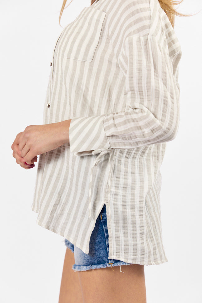 Cruel Summer Tan and Ivory Striped Gauze Button Down Top FINAL SALE
