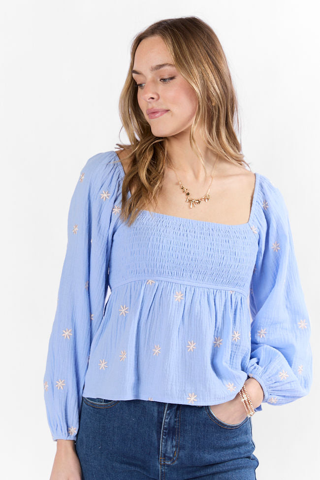 Darling Days Blue Floral Embroidered Gauze Top FINAL SALE