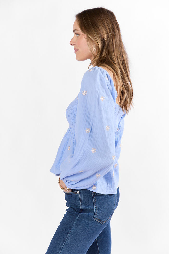 Darling Days Blue Floral Embroidered Gauze Top FINAL SALE