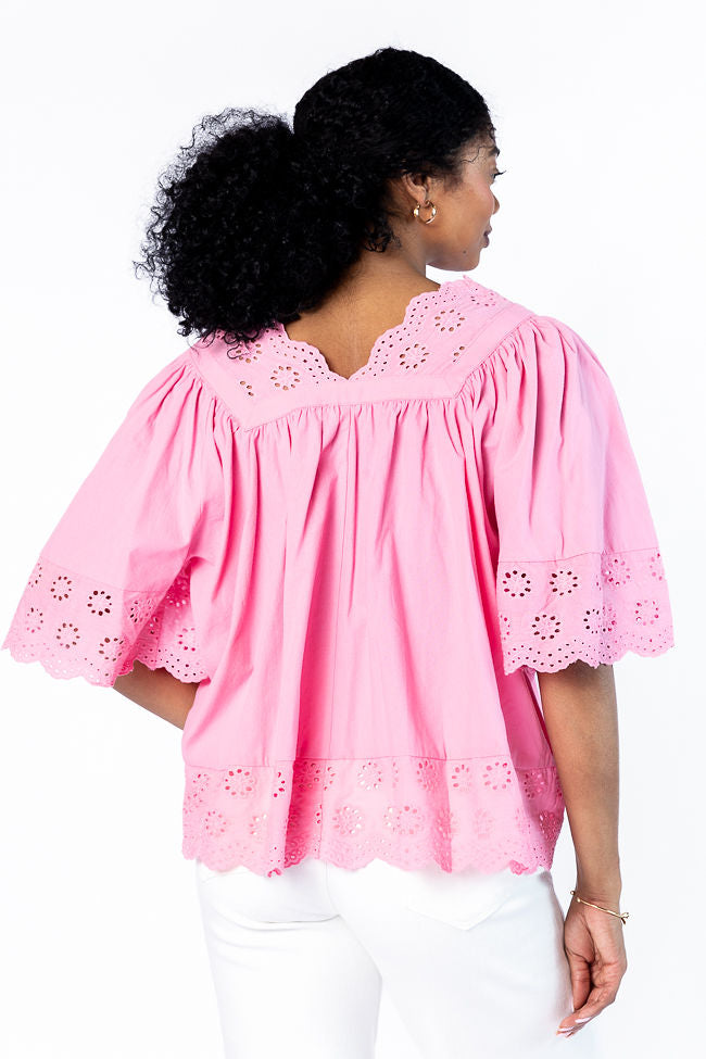 No Regrets Pink Eyelet Detail Popover Short Sleeve Blouse FINAL SALE