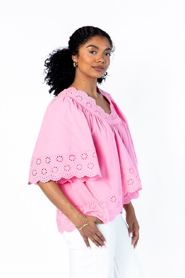 No Regrets Pink Eyelet Detail Popover Short Sleeve Blouse FINAL SALE