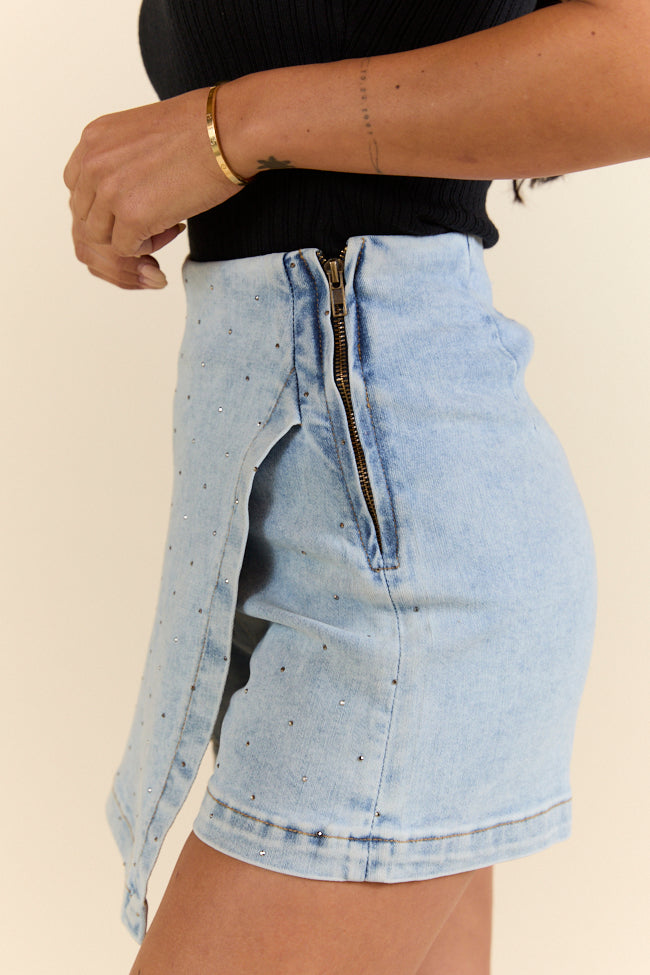 My Favorite Light Wash Rhinestone Studded Denim Skort
