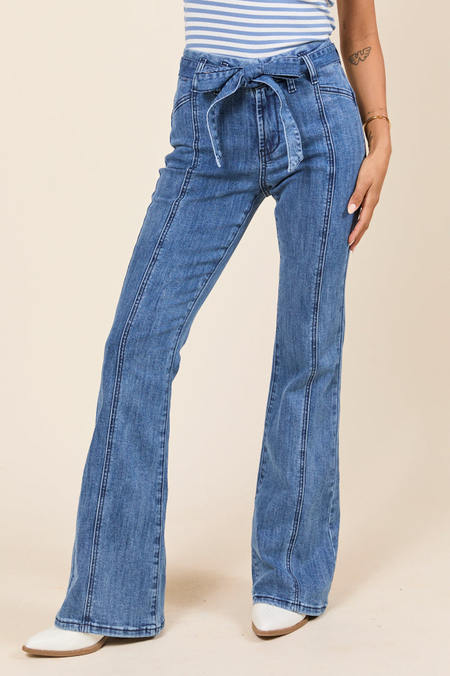 Jocelyn Dark Wash Tie Waist Flare Leg Jeans