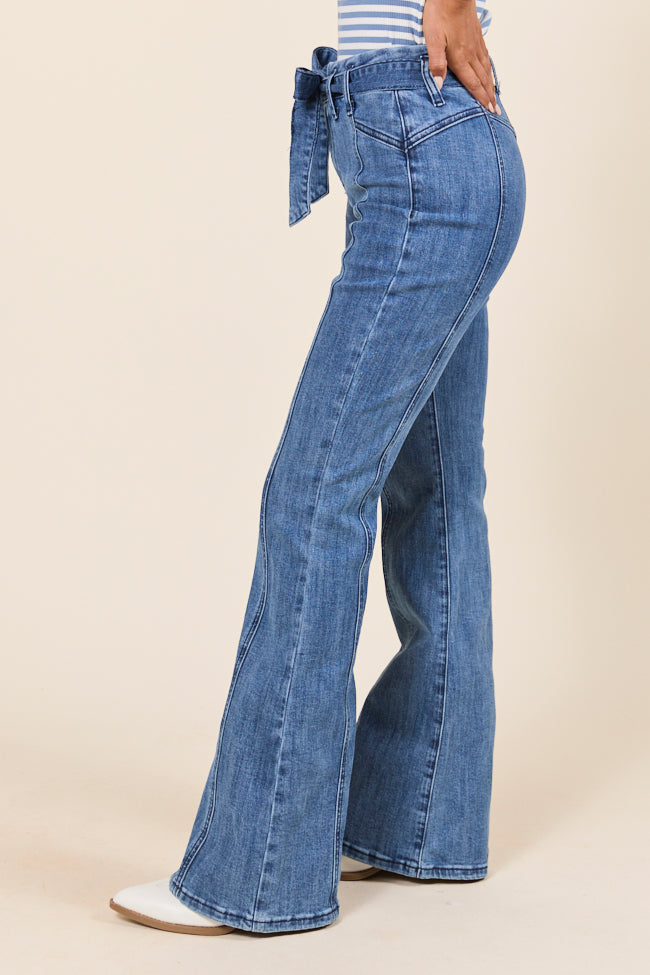 Jocelyn Dark Wash Tie Waist Flare Leg Jeans