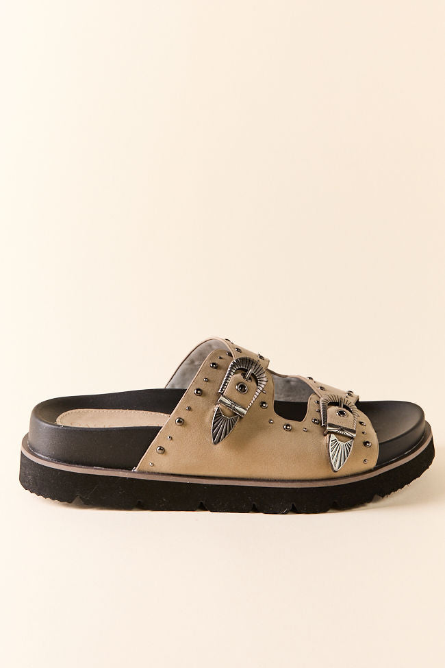 Effie Taupe Buckle Slide Sandals FINAL SALE