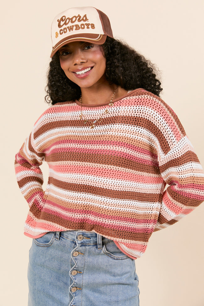 Raelyn Brown Striped Open Knit Sweater