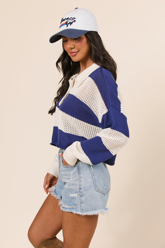 Zebb Long Sleeve Navy Blue Striped Open Knit Sweater FINAL SALE