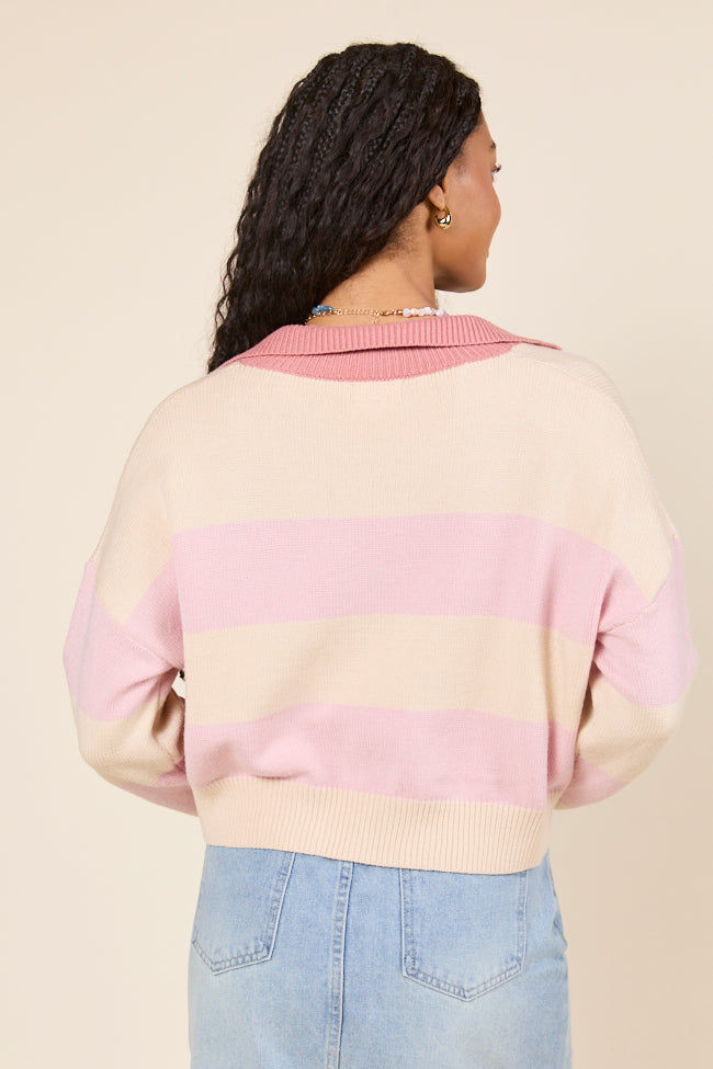 Hibiscus Pink and Cream Striped Collared V-Neck Sweater SALE